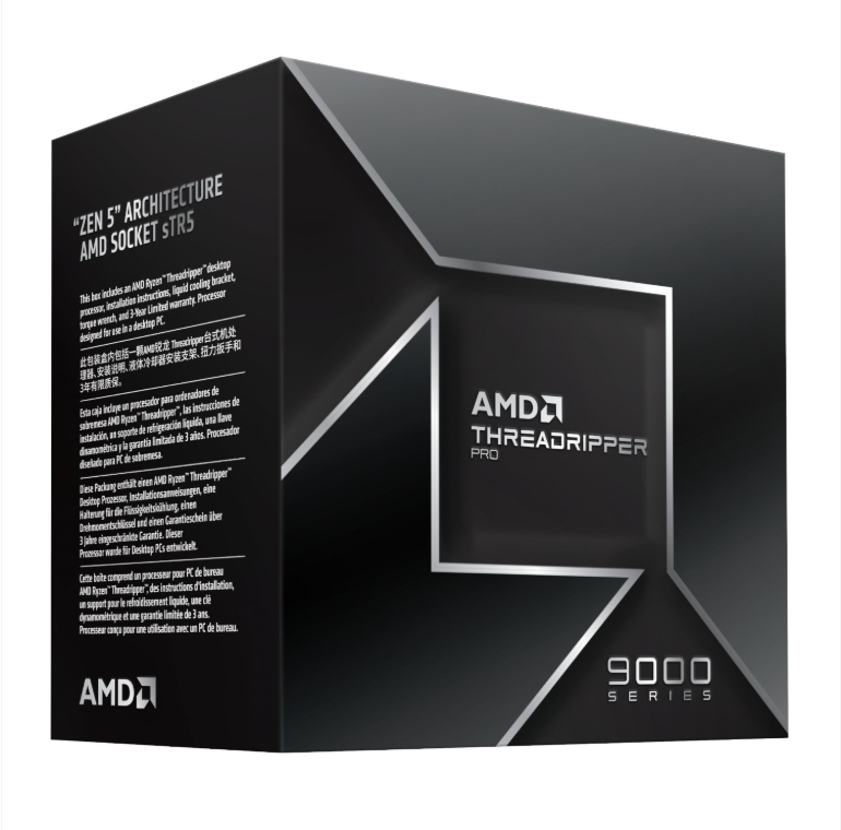 AMD Threadripper Pro processor box with branding and specifications on a white background