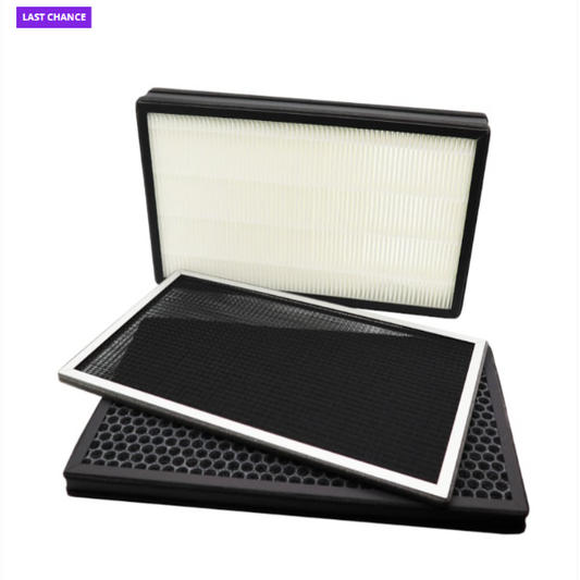Stack of air filter components on a white background with 'Last Chance' label.