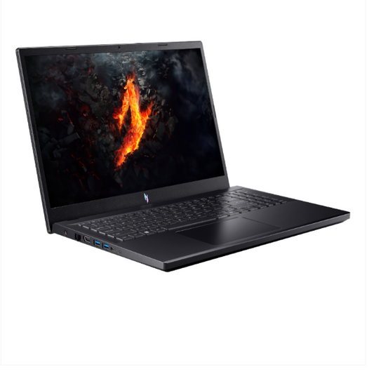 Black laptop with a fiery design on the screen against a white background