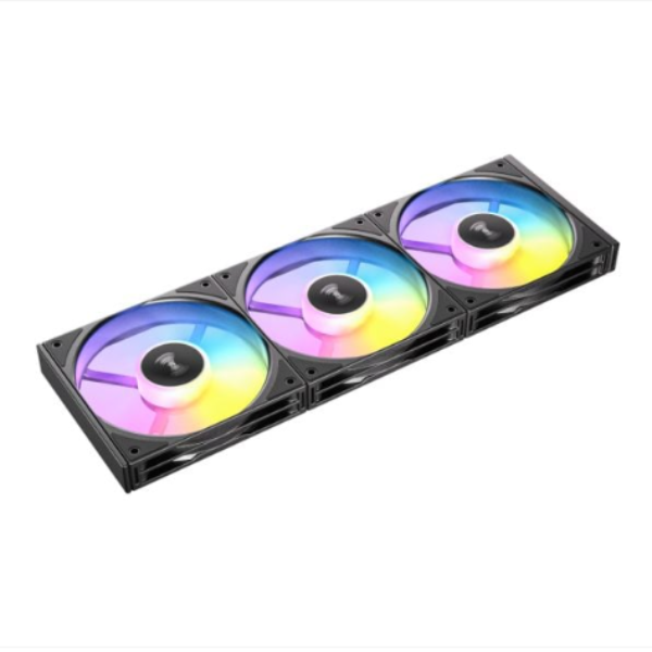 RGB cooling fan with three colorful blades on a white background