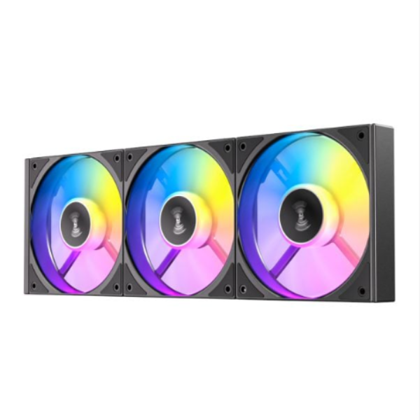 Three RGB LED fans on a white background