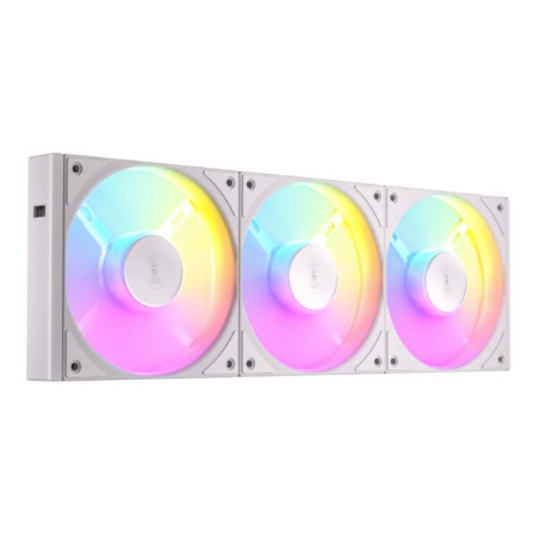 Three RGB LED fans on a white background