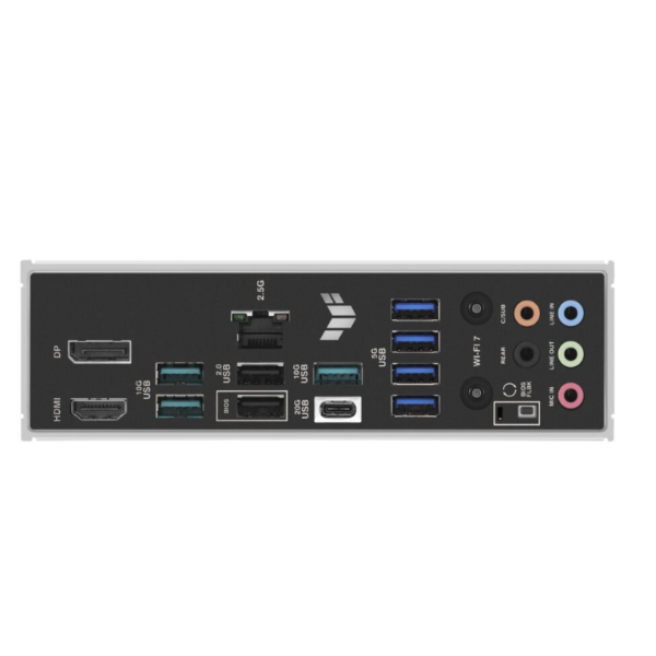 Back panel of a computer equipment with various ports on a white background
