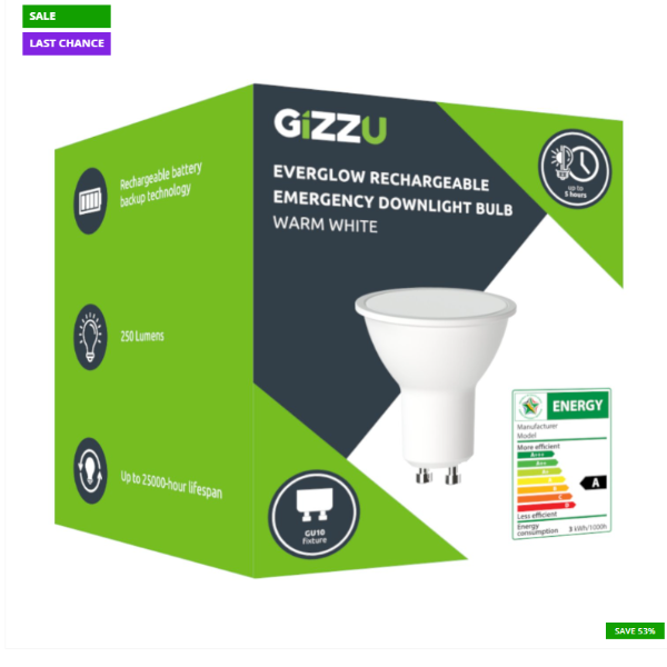 Gizzu Everglow Rechargeable Warm White Emergency Downlight Bulb
