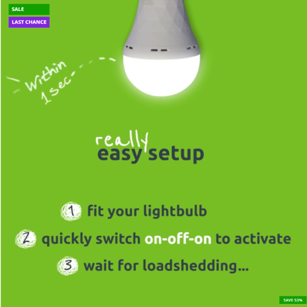 Light bulb on a green background with text about easy setup and loadshedding