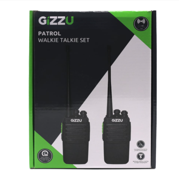 Gizzu Patrol Walkie Talkie Set packaging with two walkie talkies on a white background