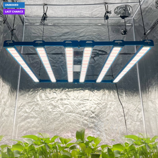 LED grow light hanging above plants in a greenhouse setting