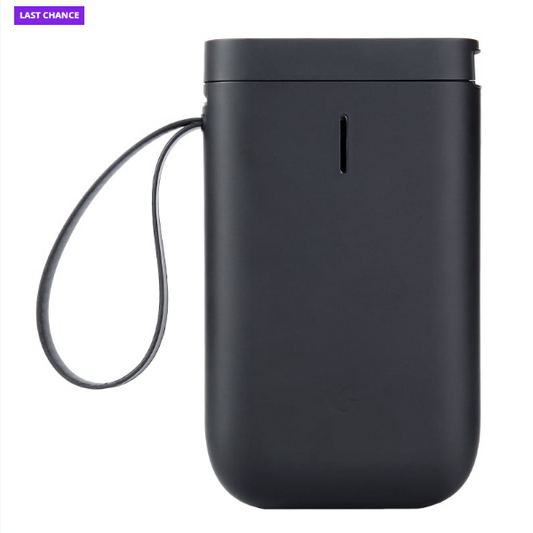 Black portable device with a strap on a white background