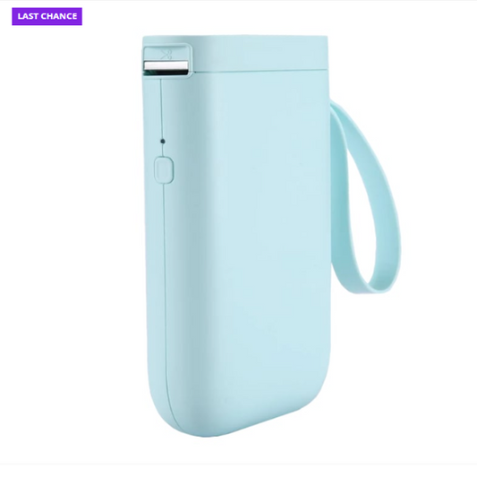 Light blue portable device with a strap on a white background