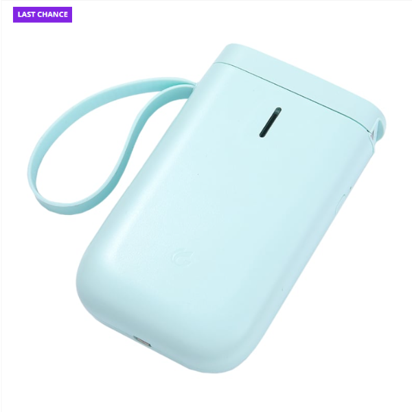 Light blue portable device with a strap on a white background