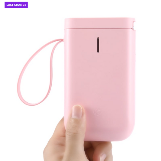 Pink portable device held by a hand with a white background