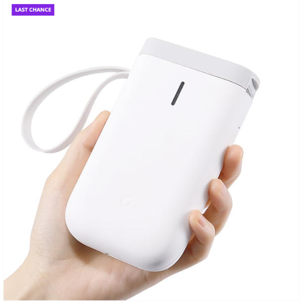 Hand holding a white power bank with a strap on a white background