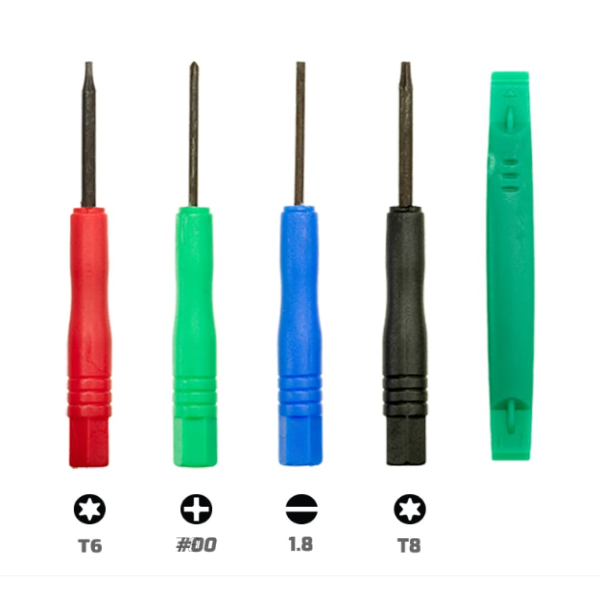 Set of five screwdrivers with colored handles on a white background