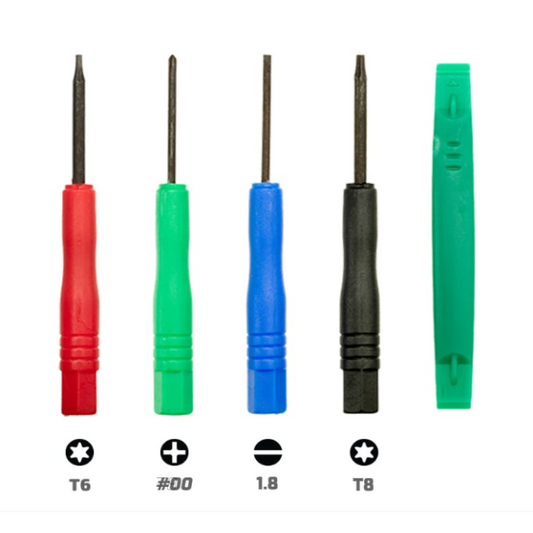 Set of five screwdrivers with colored handles on a white background