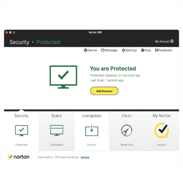 Norton security software interface with 'You are Protected' message