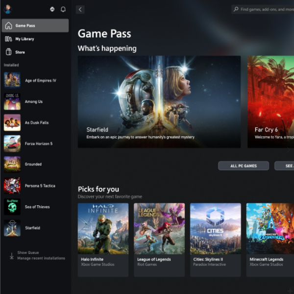 Xbox Game Pass interface with game thumbnails and promotional text