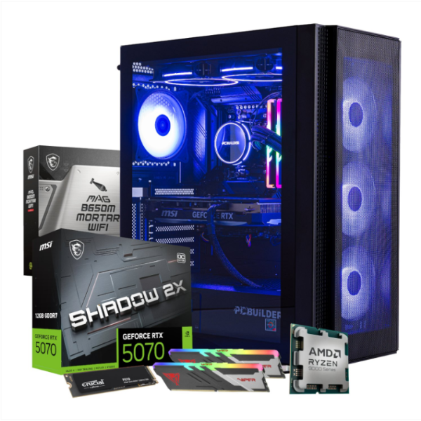 Computer hardware components including a gaming PC case, graphics card, and CPU on a white background.