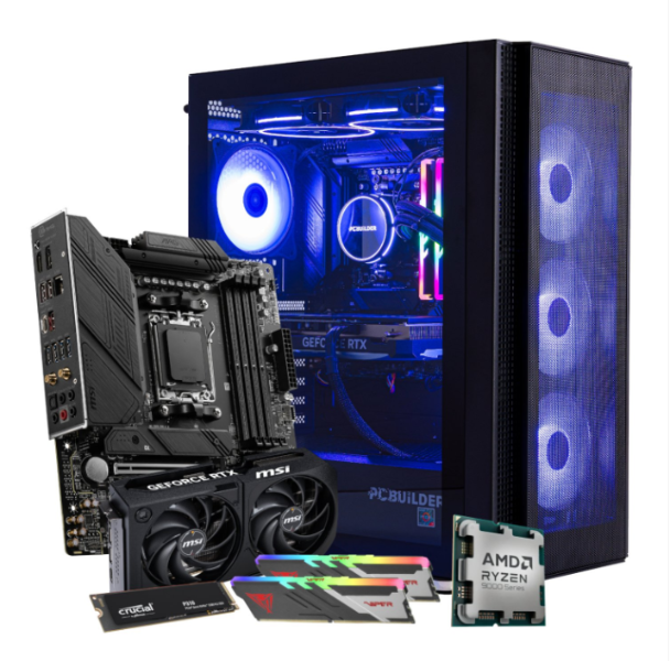 Collection of computer hardware components including a CPU, GPU, motherboard, and RAM on a white background.