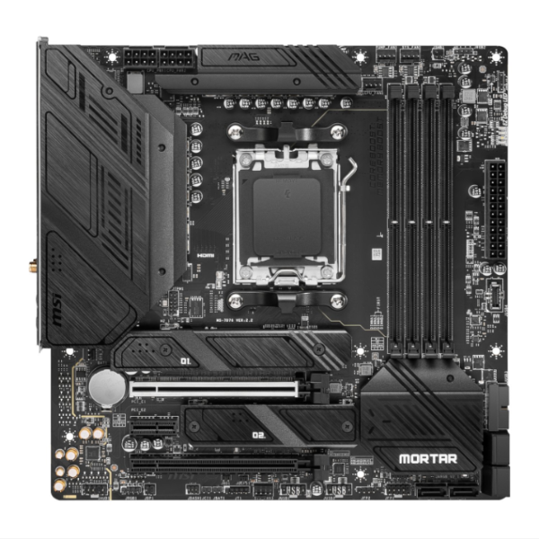 Computer motherboard with 'Mortar' branding on a white background