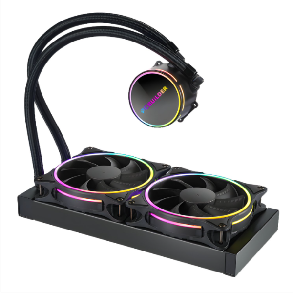 Computer cooling system with RGB lighting on a white background