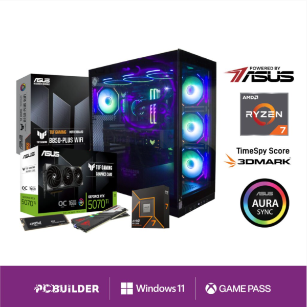 Gaming PC components and packaging with ASUS branding on a white background