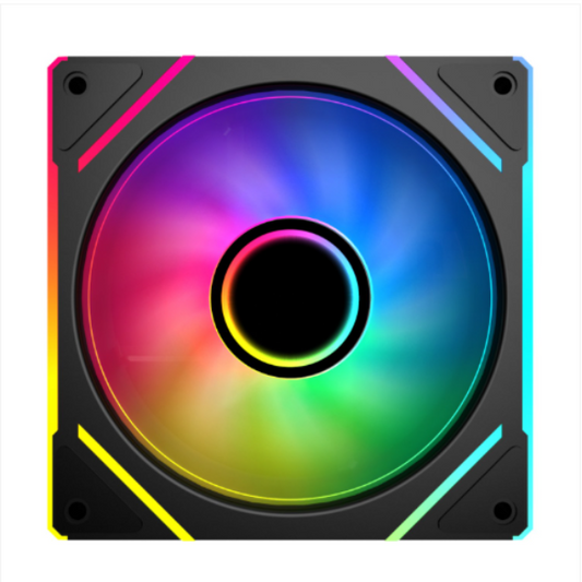 RGB cooling fan with colorful light effects on a white background