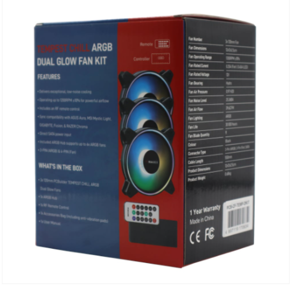 PCBuilder Tempest Chill Fan Kit 3x120MM Dual Glow ARGB Fan + Controller + RF Remote