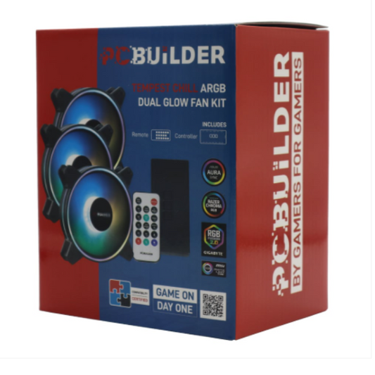 PC Builder ARGB dual glow fan kit packaging with remote control on a white background