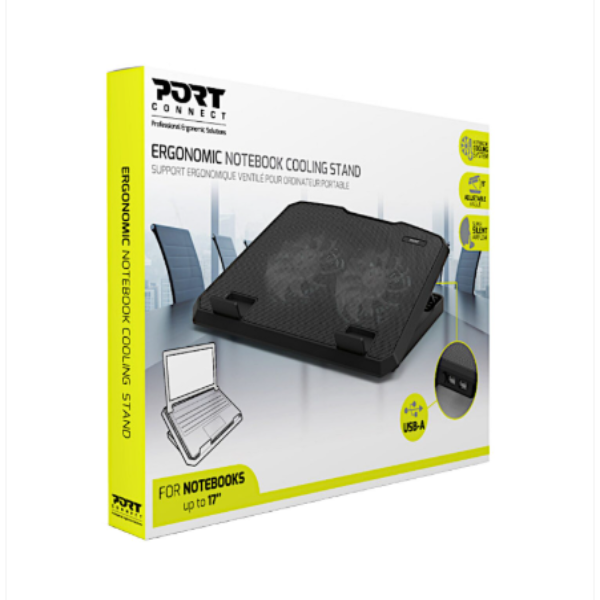 Ergonomic notebook cooling stand packaging with Port Connect branding.