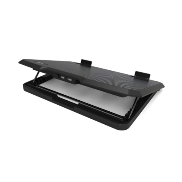 Black laptop cooling stand on a white background