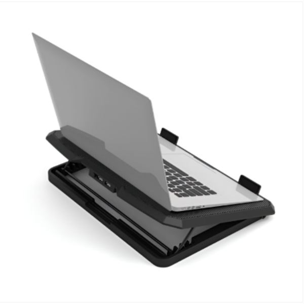 Laptop on a black cooling pad with a white background