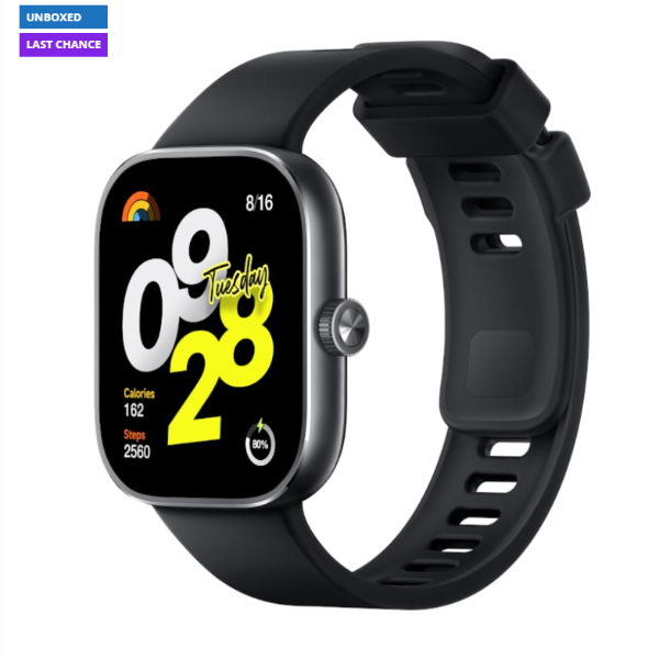 Black smartwatch with a colorful display on a white background