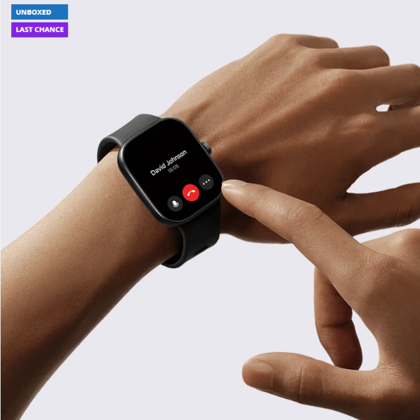 Smartwatch on a wrist with a call interface displayed, against a light gray background.