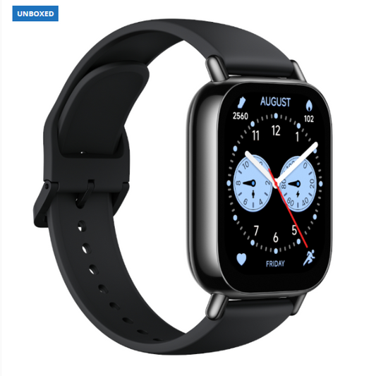 Black smartwatch with a detailed display on a white background