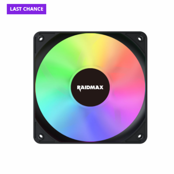 RAIDMAX RGB fan with colorful gradient on a white background