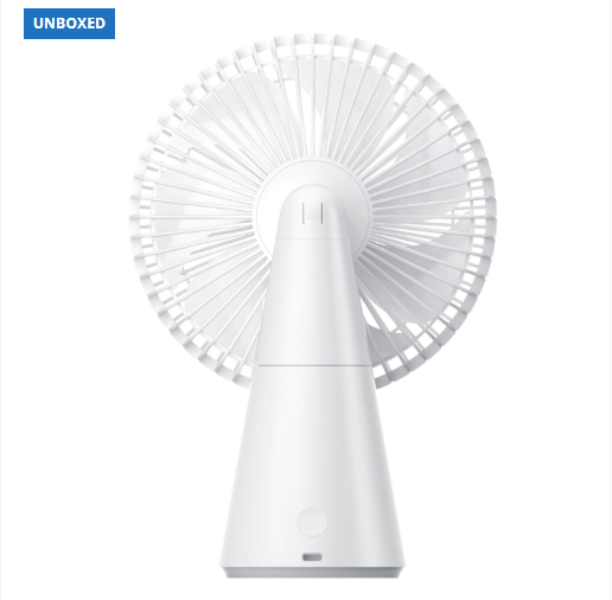 White portable fan on a white background with 'UNBOXED' label.