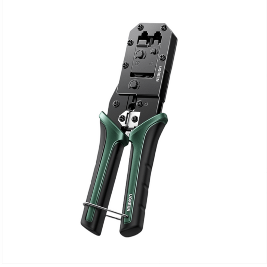 Ratchet tool with green and black handles on a white background