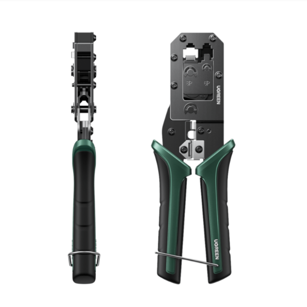 Two crimping tools with green handles on a white background
