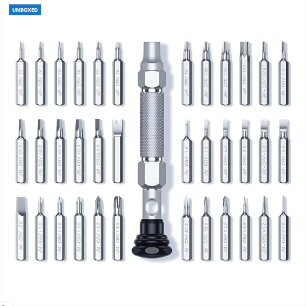 Set of screwdriver bits with a central tool on a white background