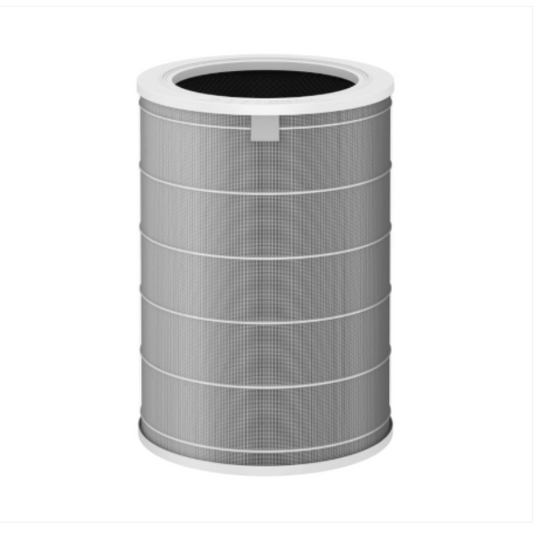Cylindrical air filter with a white rim on a white background
