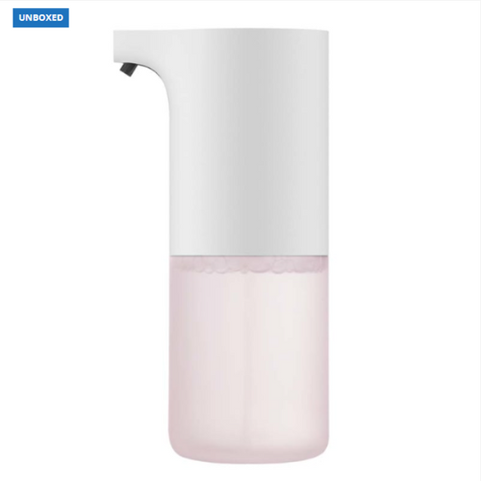 White and pink soap dispenser on a white background