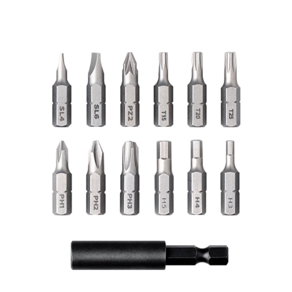 Set of various screwdriver bits on a white background