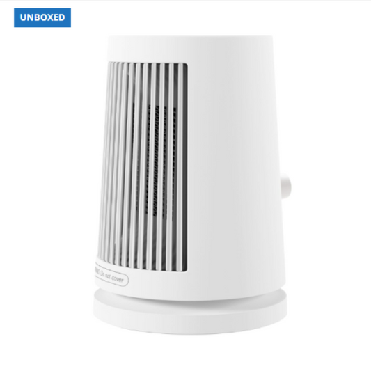 White cylindrical air purifier with black stripes on a white background