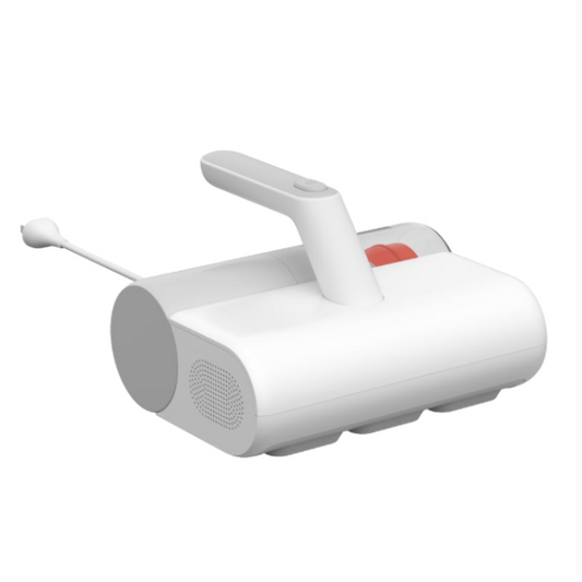 White handheld device with a red button on a white background