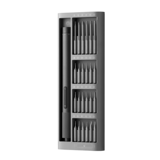 Set of screwdrivers in a gray case on a white background