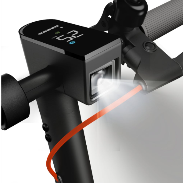 Close-up of a scooter handlebar with digital display and red cable on a white background
