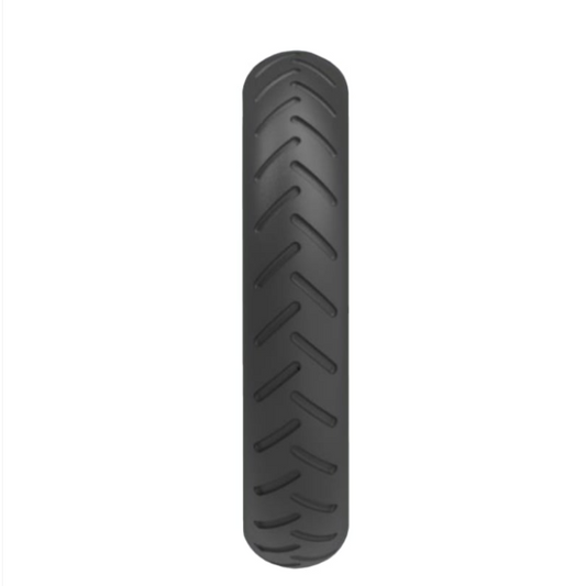 Black tire with tread pattern on a white background