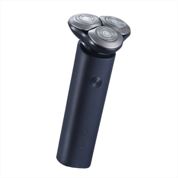 Black electric shaver with three heads on a white background