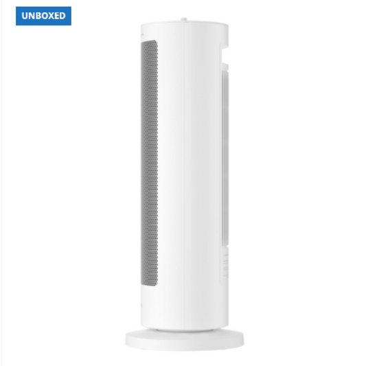 White tower fan on a white background with 'UNBOXED' label.