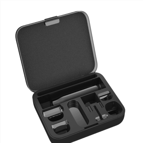 Black open case with compartments containing various items on a white background